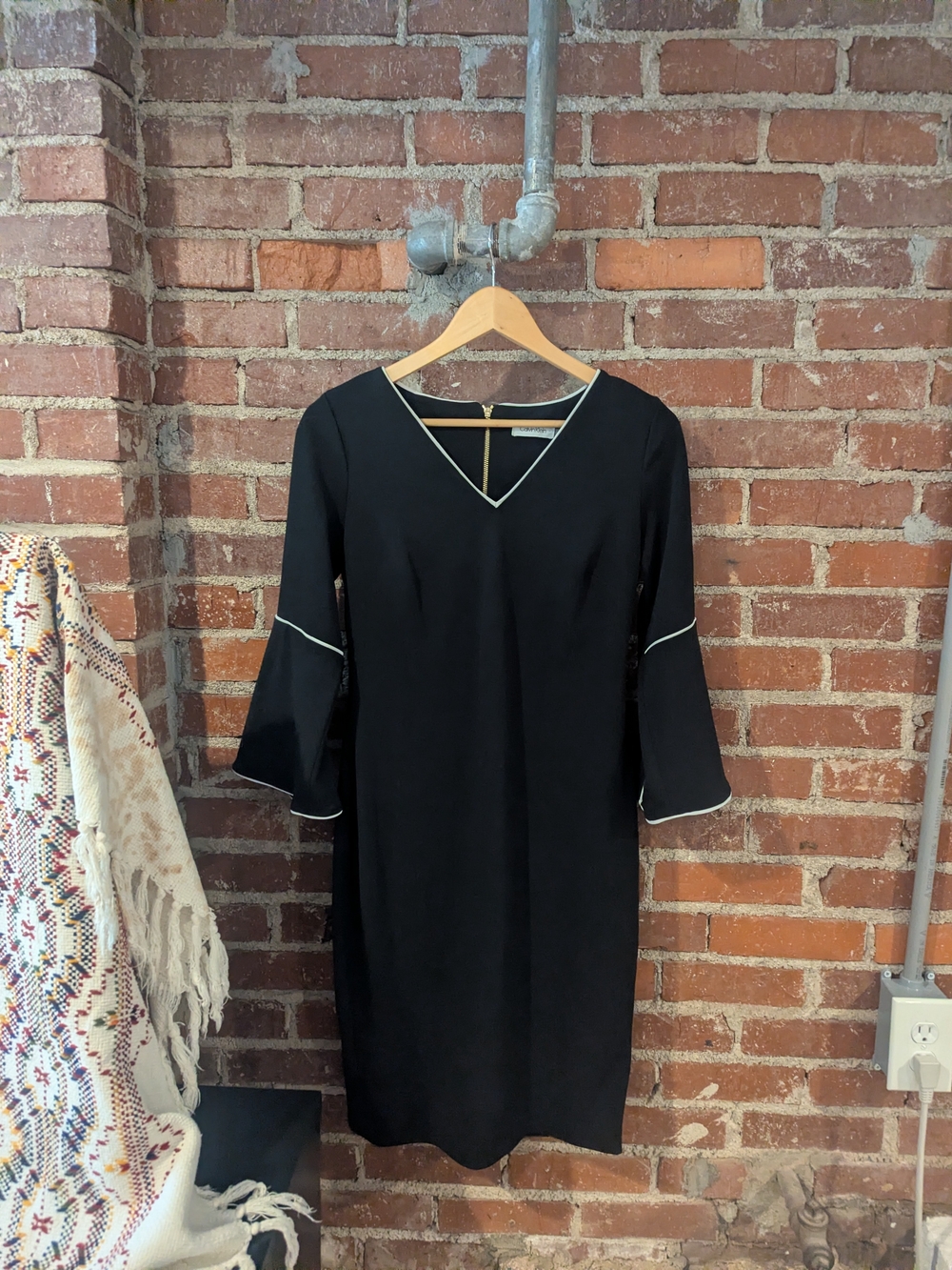 Calvin Klein Black V-Neck Shift Dress with White Piping